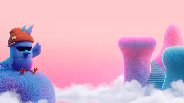 Bluejay's blue bird mascot in sunglasses and a beanie, sitting on a fluffy hill above the clouds