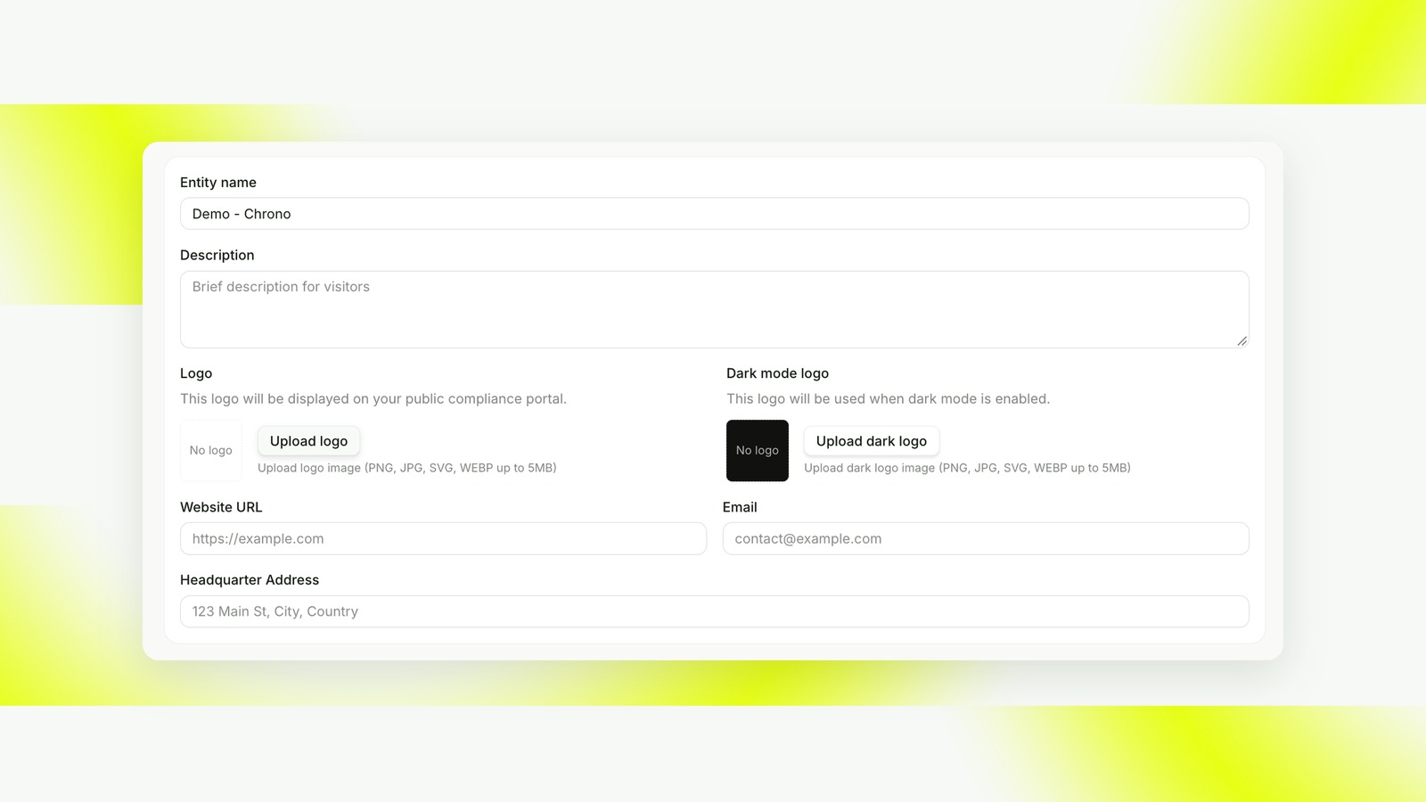 Branding form with entity name, description, logos, website, email and headquarter address