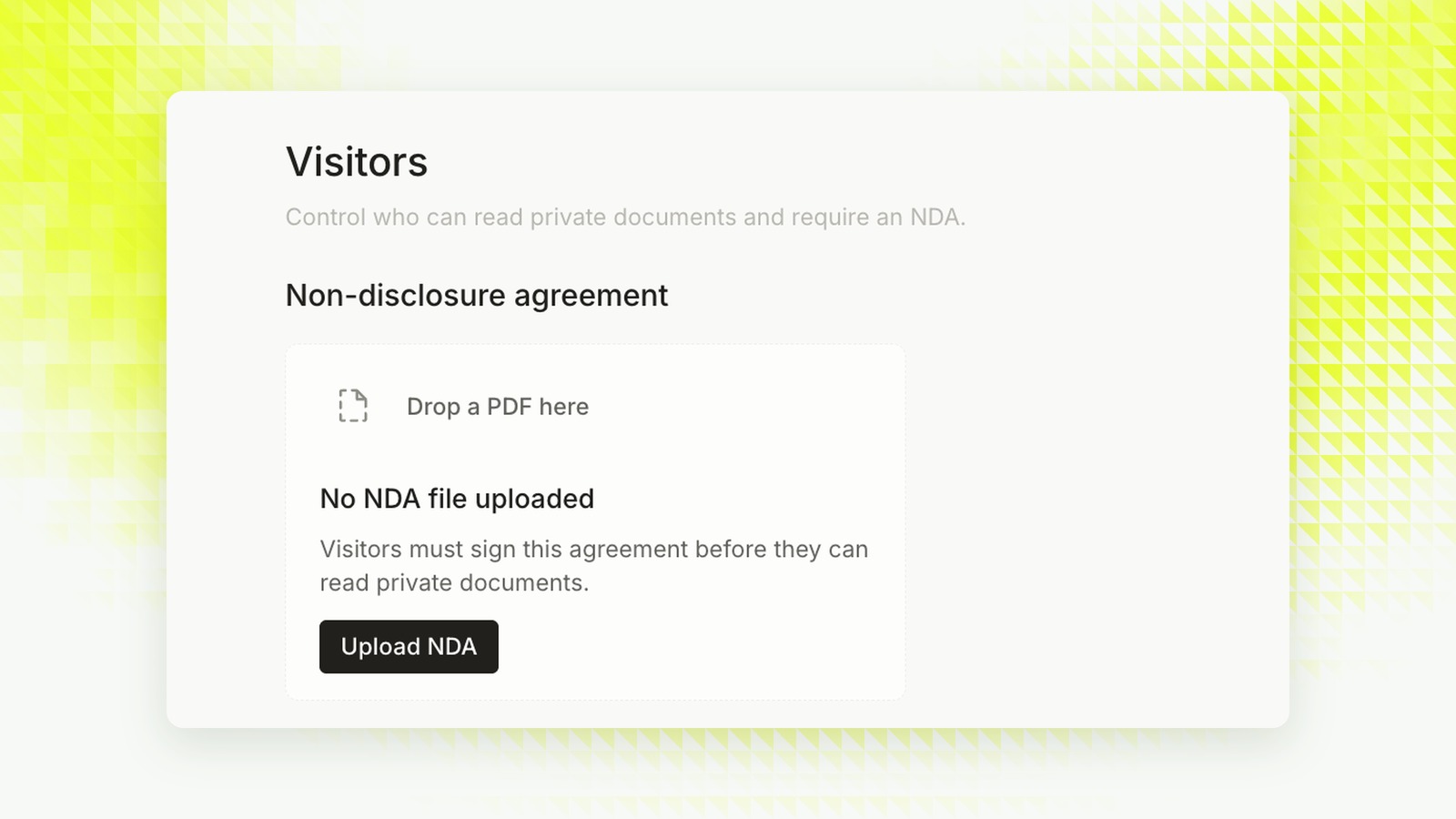 Visitors page with the non-disclosure agreement upload area