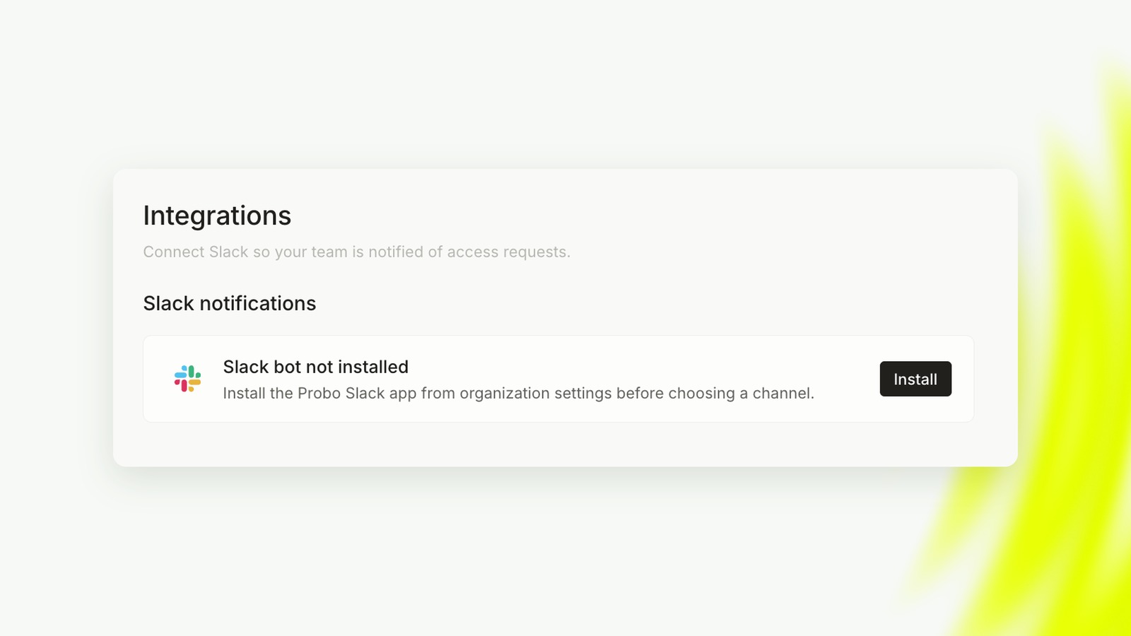 Slack notifications card with the Install button