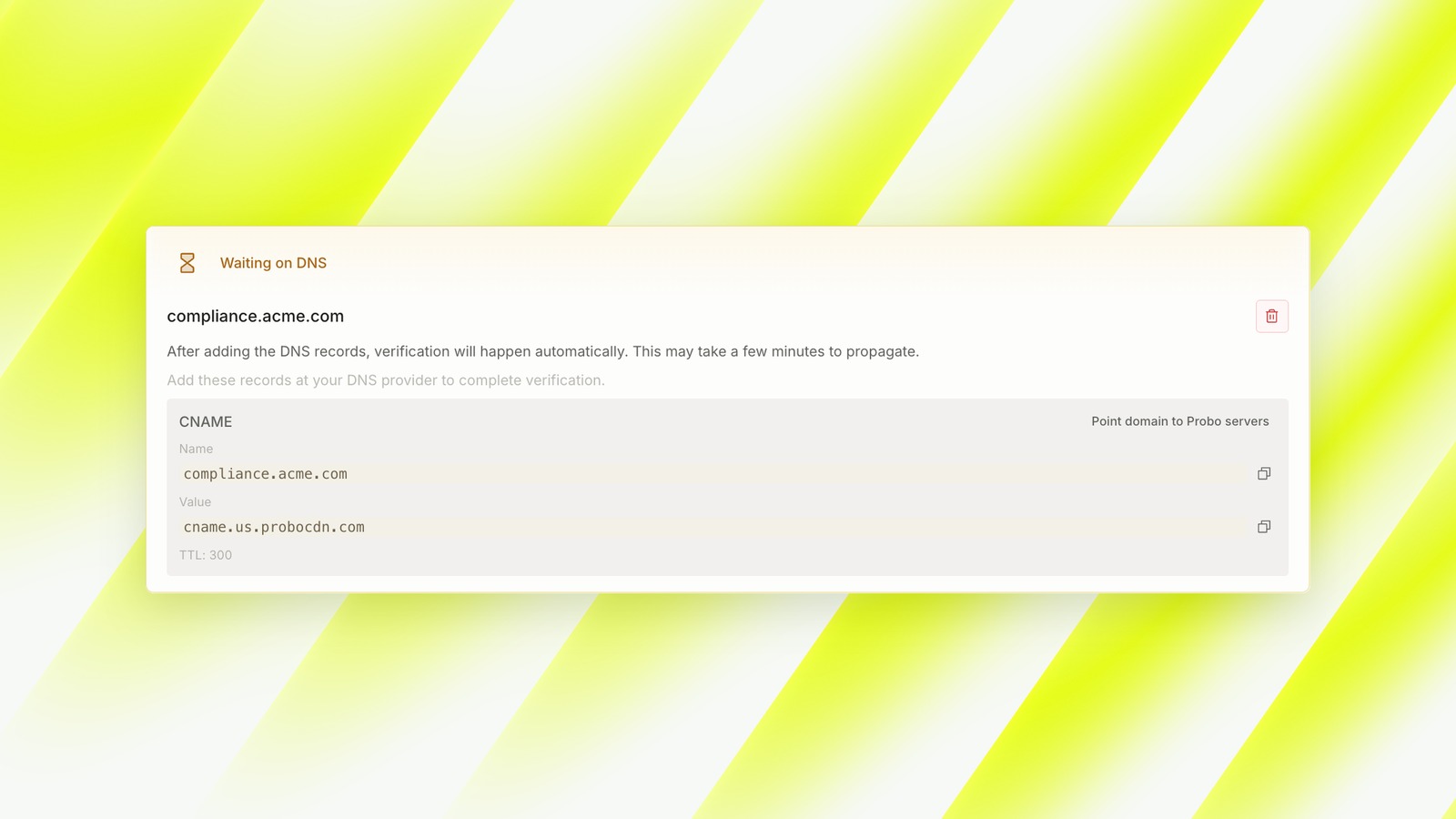 CNAME record to add at your DNS provider, with the domain waiting on DNS