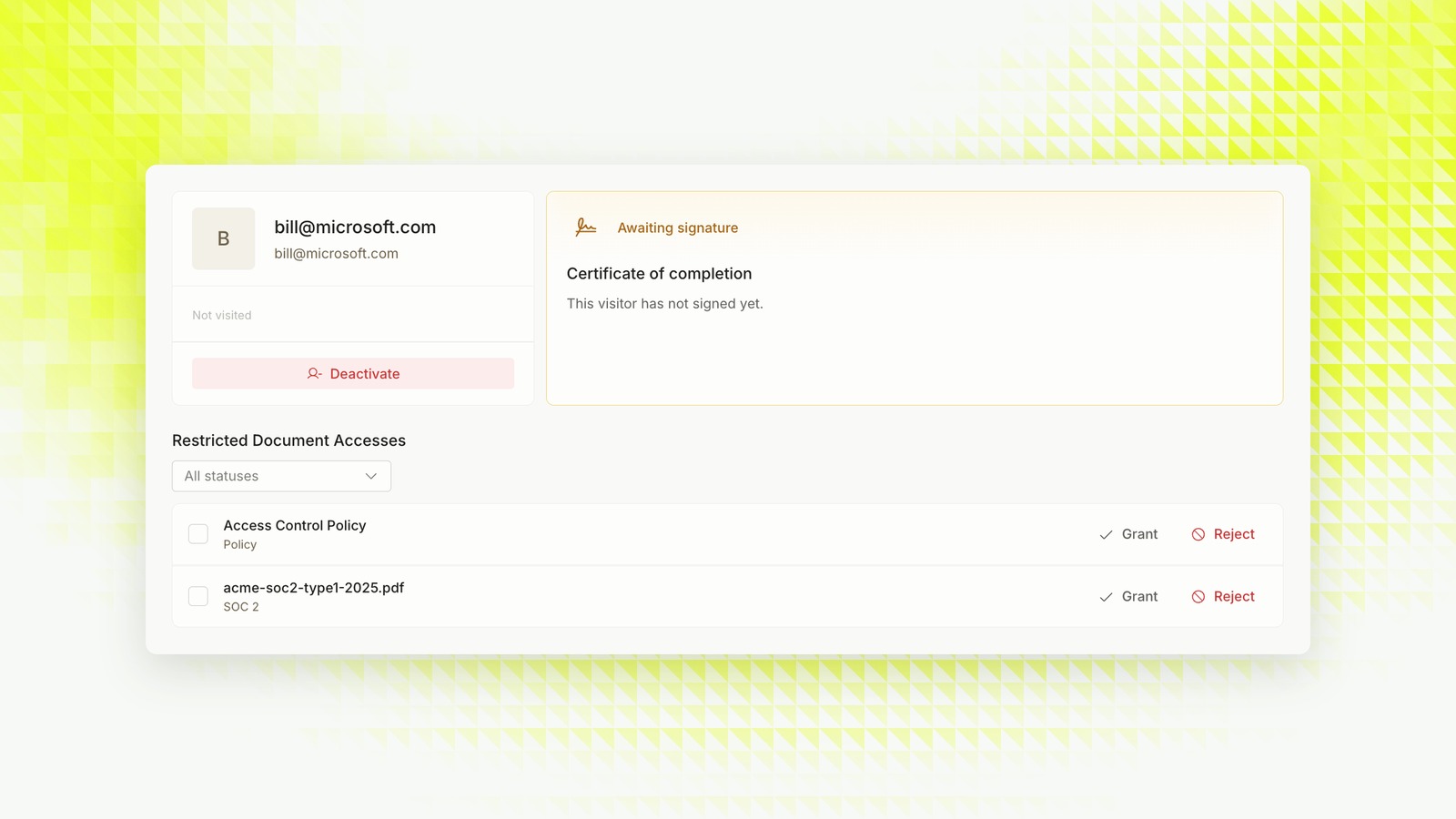 Visitor detail with NDA awaiting signature and Grant or Reject on each restricted document
