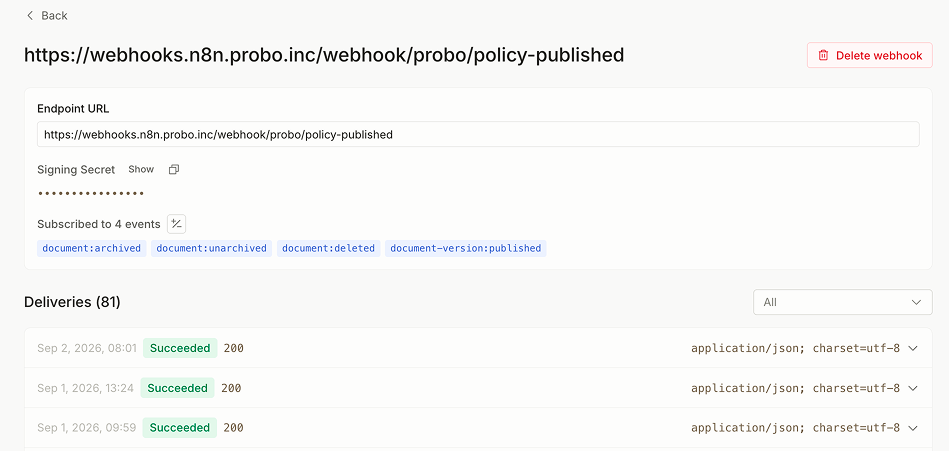 Webhook delivery history screenshot