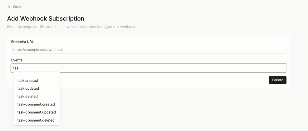 Task events for webhooks screenshot