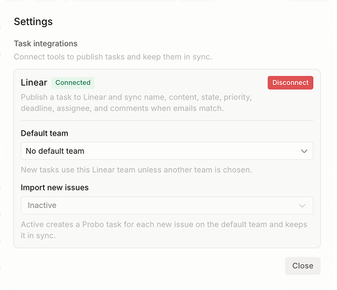 Sync Linear issues into Probo tasks screenshot