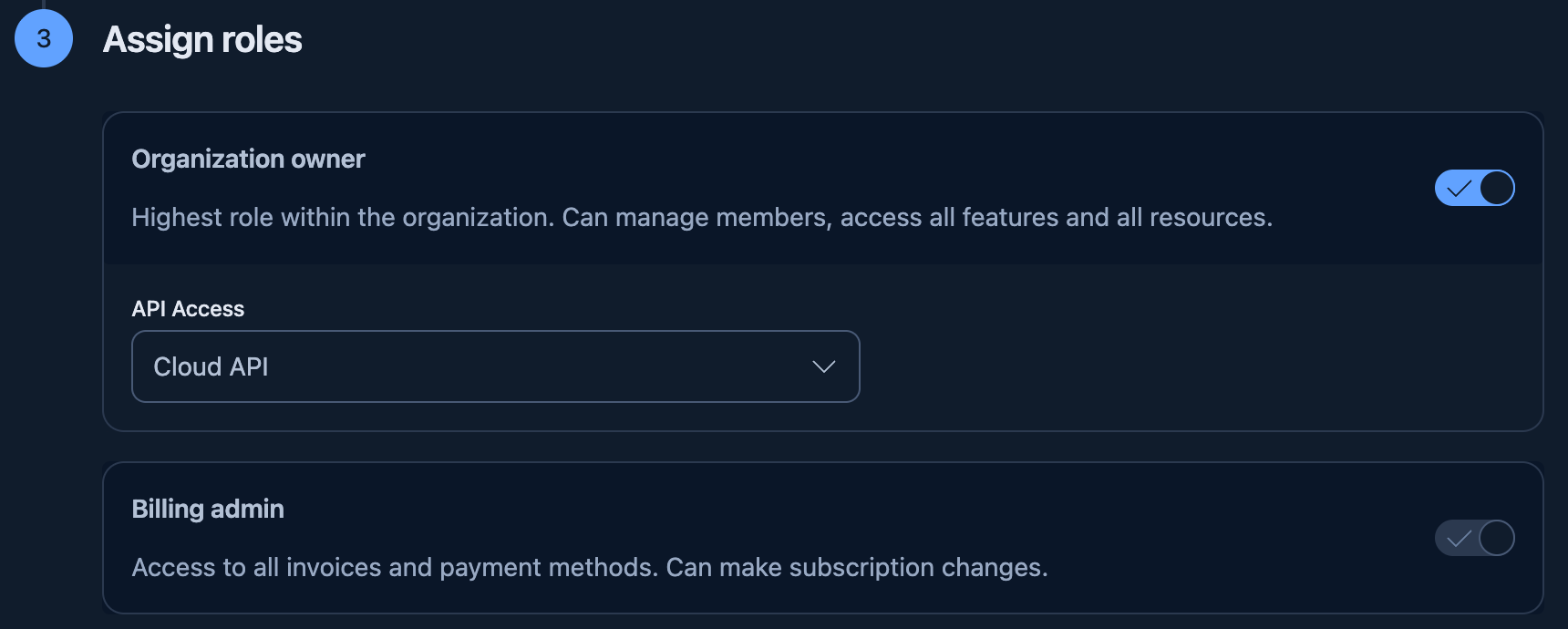 The Assign roles step of the Create API key form in Elastic Cloud, with Organization owner turned on and API Access set to Cloud API