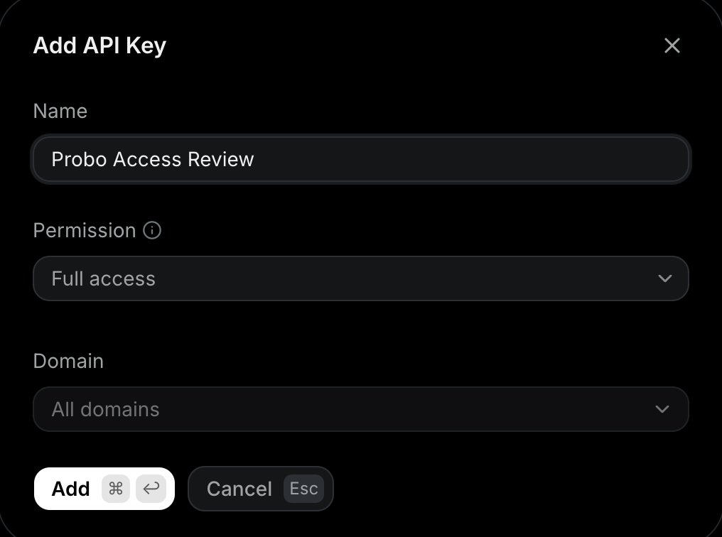 Creating a Full access API key in the Resend dashboard